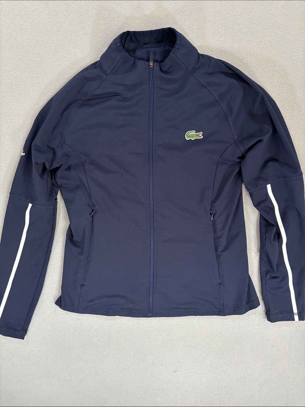 Lacoste Navy Full-Zip Jacket with White Sleeve Stripes 38 S